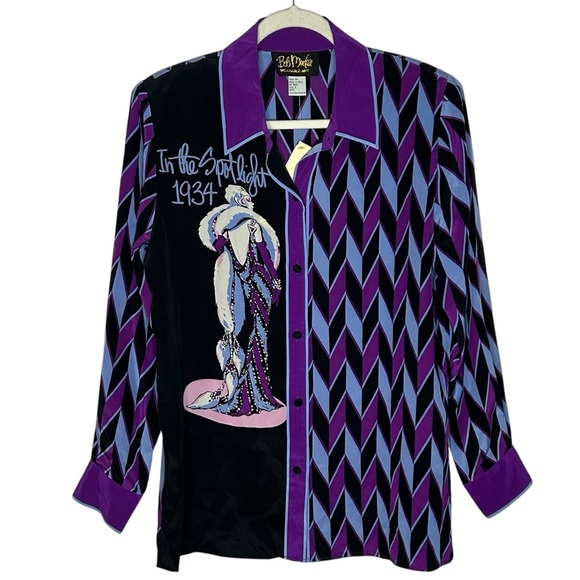 Bob Mackie Purple and Black Graphic Button-Up Shirt - Picture 1 of 12